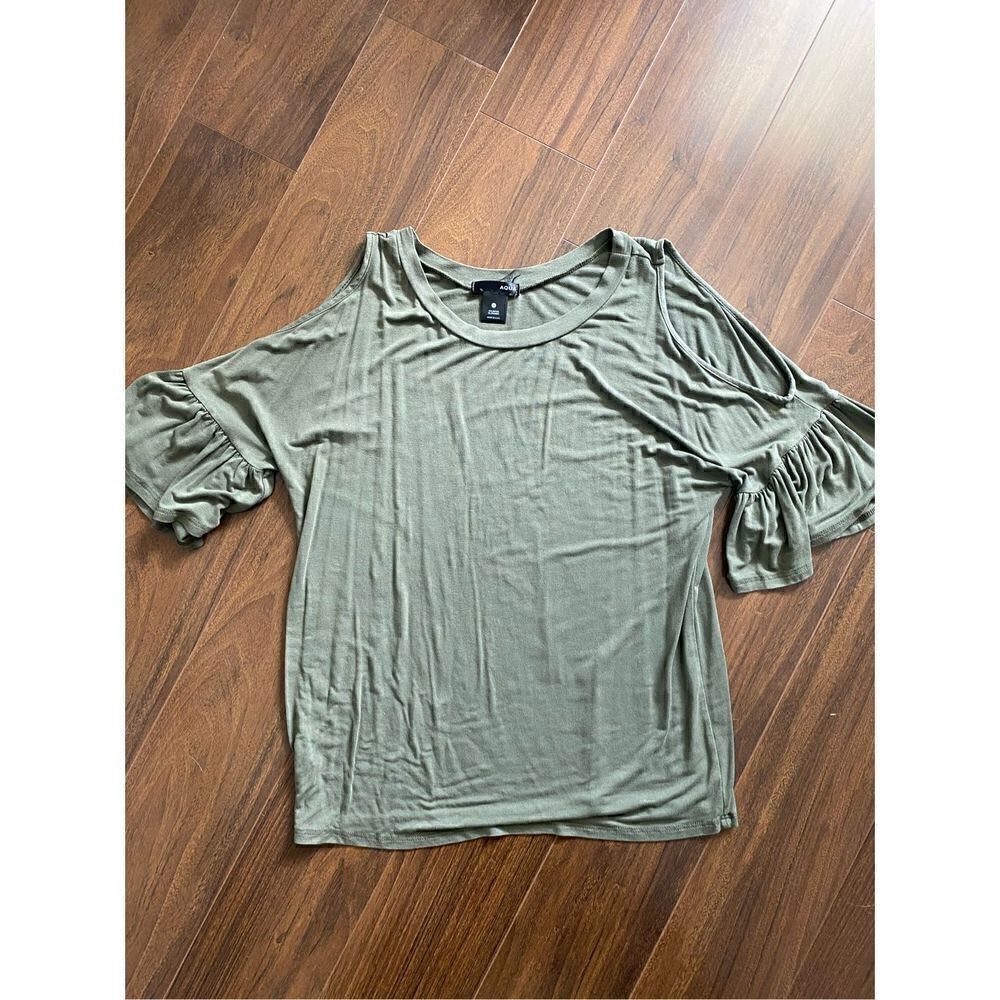 Aqua S olive green cold shoulder ruffle short sleeve blouse